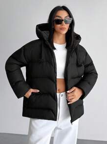 EURMUSE Casual Style, Keep Warm Feature Waterproof Long Line Patch Pocket Detailed Padded Coat - Black - View 4