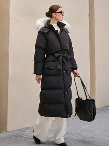 CLARA VERO Premium Quality, Contrast Fur Detailed Puffer Winter Coat - Black - View 3