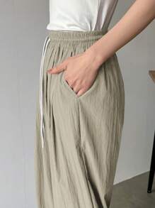 FRIFUL Women's Solid Color Drawstring Waist Pockets Wide Leg Casual Pants, Versatile - Apricot - View 5
