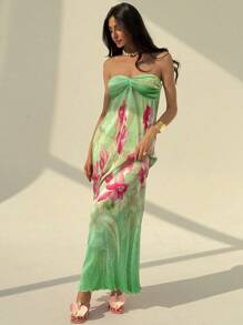 Aloruh 浪漫约会露肩扭褶花卉印花连衣裙，春夏季女士 - 彩色 - 查看 4