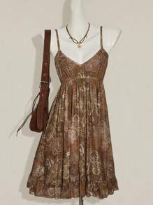 SHEIN ICON Y2k 西部外出复古波西米亚嬉皮娃娃裙飘逸佩斯利印花细肩带网眼度假休闲连衣裙 - 彩色 - 查看 3