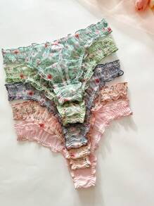 Shein Underwear&Sleepwear Basics Set de 5 tangas de mujer con decoración de volantes, diseño de flores y moños