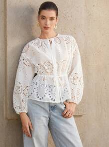 Aveloria Rosie New Water-Soluble Embroidery Hollow Out Fitted Waist Blouse, Elegant Ladies' Shirt For Holiday, Spring/Summer - White - View 6