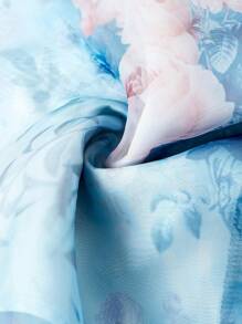 Ellevyn 女式高领荷叶边灯笼袖蓝色欧根纱泡泡裙，优雅日常穿着浪漫时尚修身春夏连衣裙 - 彩色 - 查看 7