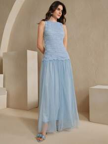 Anewsta Elegant Romantic Fitted Dress With Fabric Patchwork, Suitable For Date, Party, Wedding Guest, Spring, Summer - Blue - View 7