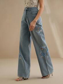 Anewsta 女式刺绣直筒高腰牛仔裤 - 藍色 - 查看 1