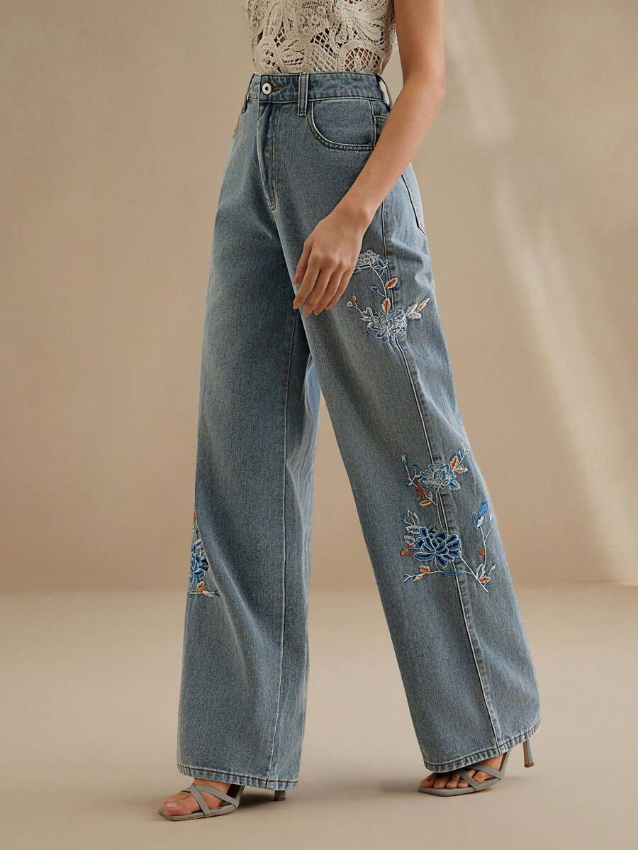 Anewsta 女式刺绣直筒高腰牛仔裤 - 藍色 - 查看 1