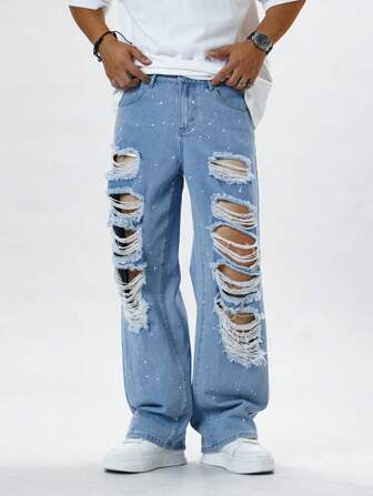 Manfinity Roughcore Calça jeans masculina casual desgastada plus size
