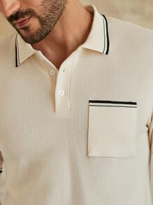 Manfinity VCAY 男士休闲针织条纹平领短袖Polo衫 - 杏色 - 查看 2