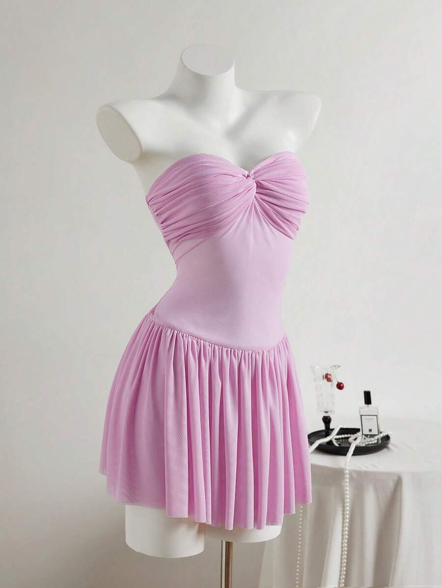 SHEIN Unity Women's Simple Mesh See-Through Pink Mini Dress With Twist Bust Decor, Sexy Bandeau Top - Pink - View 1