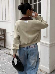 SHEIN EZwear Áo khoác dài tay trễ vai dệt màu cho nữ có khóa kéo phía trước - Màu Khaki - Xem 4