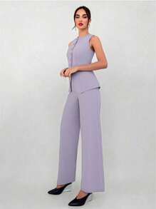 Aloruh 2 件套女士通勤新款仿口袋装饰船领西装背心和西装裤办公室装秋冬女士 - 淡紫色 - 查看 3