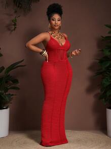 Slaydiva 2025 Spring & Summer New Boho Holiday Casual Party Khaki Knitted Cinched Waist Hollow Sheer Cami Dress, Plus Size Winter Fall Autumn