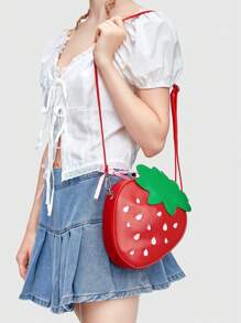 ROMWE Kawaii 时尚可爱刺绣草莓PU女士斜挎包 - 紅色 - 查看 2