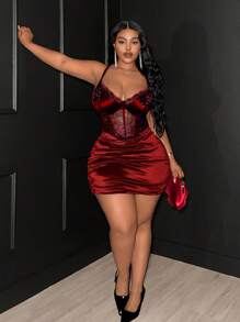 Maweii 大码女装春夏新年红色蕾丝性感镂空系带前卫法式休闲年轻时尚弹力针织百搭舒适打底连衣裙，性感社交假日装扮，红色连体衣，正式红色连衣裙，年轻优雅性感拼接性感女式上衣，性感假日装扮，社交红色上衣，红色连体裤，红色连体衣，修身透视露肩纯色打底衫 - 紅色 - 查看 5