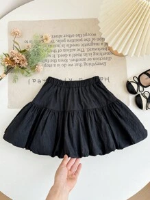 Young Girl Woven Solid Color Gathered Waist Casual Culotte Pants - Black - View 6