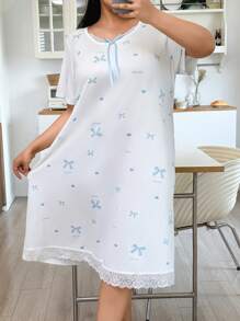 SHEIN Camisón de manga corta de seda de morera suave y delgada, con estampado de lazo a cuadros azules, encaje y talla grande