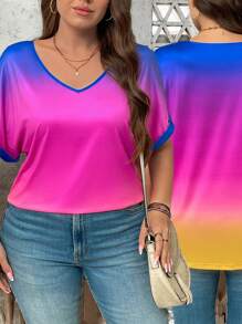 SHEIN LUNE Plus Size Colorful Striped V-Neck Short Sleeve T-Shirt Vacation Outfits Woman Beach Outfits For Woman Festival Pride Day - Multicolor - View 2