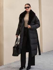 CLARA VERO Women's Solid Faux Fur Detailed Elegant Midi Winter Coat - Black - View 1