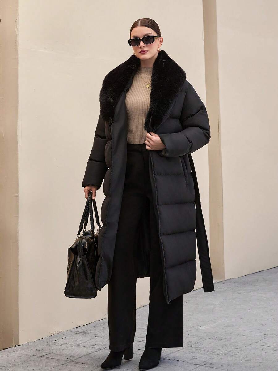 CLARA VERO Women's Solid Faux Fur Detailed Elegant Midi Winter Coat - Black - View 1