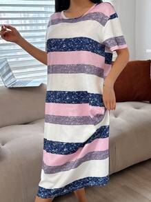 SHEIN Robe de nuit décontractée à col rond et manches courtes, rayures colorées pour femmes
