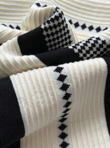 Comfortcana Plus Size Women Knitted Colorblock Striped Pattern Elegant A-Line Skirt