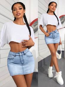 SHEIN PETITE Casual Washed Mini Denim Skirt Y2k - Light Wash - View 7