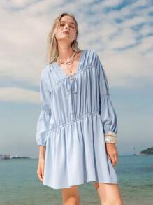 Lumivelle Vestido casual para mujer de color liso con escote en V, plisado y lazo - Celeste - Ver 3
