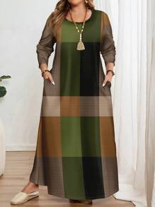 SHEIN CURVE+ Plus Size Women Color Block Round Neck Long Sleeve Plaid Dress With Pockets, Summersummer/Country/Beach Vacation Outfits/Beach Outfits/Beach Wear Autumn And Winter - Multicolor - View 5