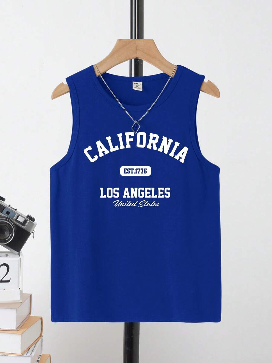 SHEIN Leap Crew Áo ba lỗ không tay tối giản giản dị dành cho bé trai tuổi teen, phù hợp cho mùa hè - Màu xanh lam - Xem 1