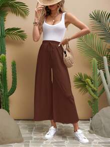 Travachic 女式纯色松紧腰抽绳宽松休闲7/9长裤，夏季 - 鏽棕色 - 查看 7