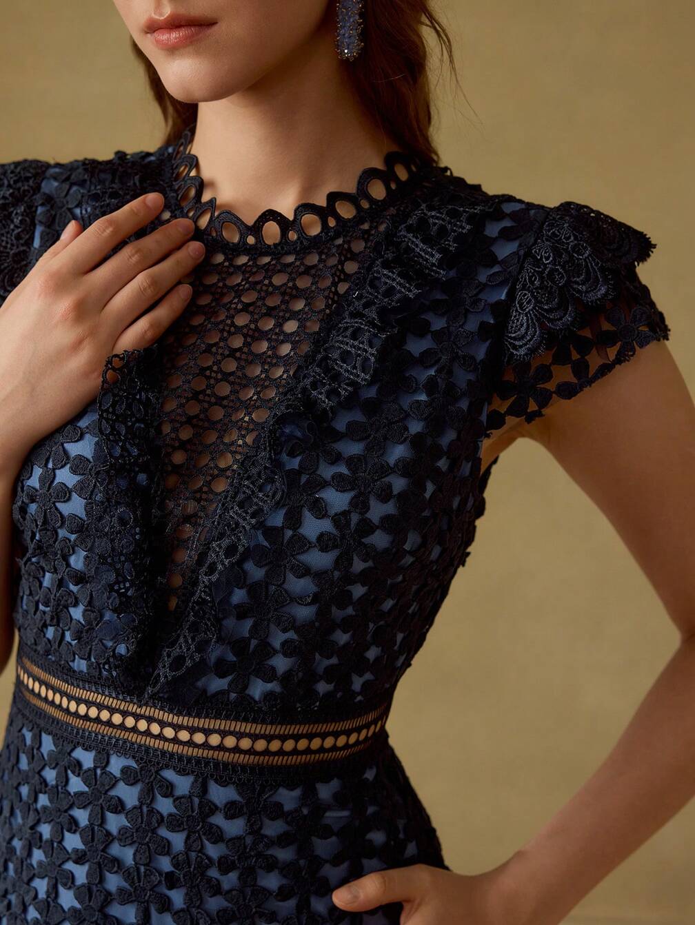 lace ruffle hem midi dress B263065 Romantic All Over Lace Fit and Flare Midi Length Gown with  Off-The-Shoulder Ruffle Sleeves and Large Ruffle Hem Bottom