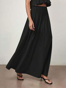 Maija 2025 秋季女士黑色优雅纯色褶皱 A 字裙，女士教师制服办公室休闲 - 黑色 - 查看 6