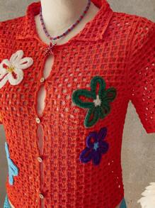 Swim Vcay Kimono Wanita Warna Polos dengan Motif Bunga Rajutan dan Lubang-lubang, Cocok untuk Liburan Musim Panas di Pantai - Jeruk - View 3