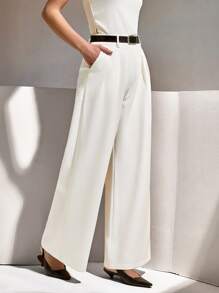 CLARA VERO Pantalones de traje de pierna ancha con pliegues y cinturón elegantes de color crudo para mujer