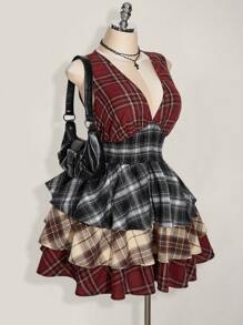 SHEIN ICON 加大码 V 领撞色格子褶饰分层中长连衣裙，Y2K 撞色格纹印花连衣裙 - 彩色 - 查看 7