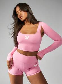 Missguided x Playboy Sleek Performance Athletic Crop Top Shorts Set Long Sleeve Workout Exercise Training Running Yoga Fitness Activewear Collection High Rise Matching Gym - Pink - View 8