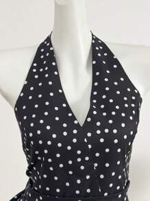 Women's Summer Polka Dot Print Ruffle Hem Halter Neck Blouse Top , Peplum Top