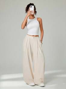 SHEIN PETITE Quần ống rộng thường ngày bằng vải tre dệt co giãn màu mơ mùa hè dành cho nữ Quần áo cơ bản cho kỳ nghỉ giải trí - Màu Khaki - Xem 5