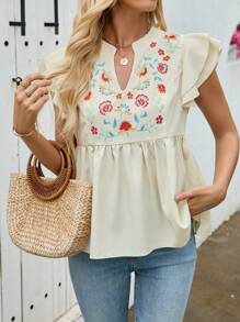 Breezaya Women's Floral Print Ruffle Hem Short Sleeve Shirt, Summer - Apricot - View 1