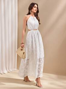 Almamuse Vestido de verano elegante de mujer con nudo cruzado y espalda descubierta, con abertura alta, estampado jacquard