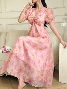 Modelyn Women V-Neck Short Sleeve Floral Print Mid-Calf Length Dress