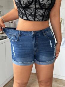 SHEIN MOD Quần short denim bó có túi rách rách cỡ lớn cho nữ - Rửa tối - Xem 5