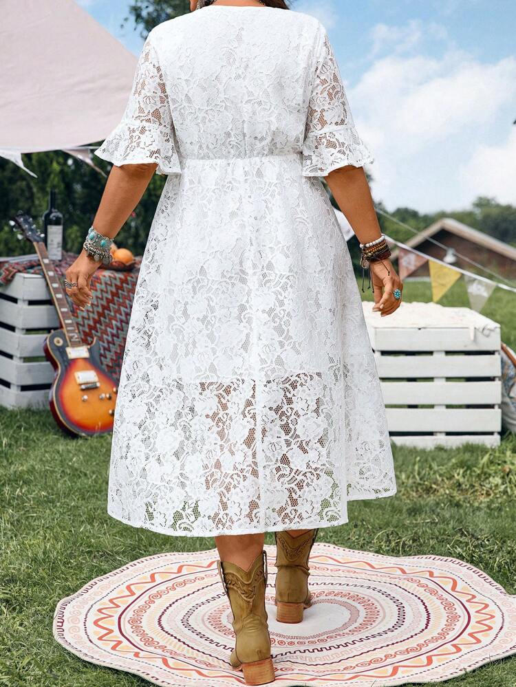 Vestido casual de férias com recorte de renda, estilo simples e fashion, adequado para o verão, estilo casual, moda de verão, roupas de verão femininas, roupas para concerto no campo, roupas country femininas, roupas de verão femininas plus size, roupas casuais femininas de negócios, roupas de verão femininas plus size, roupas formais femininas plus size