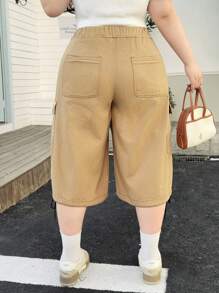 SHEIN EZwear Plus Size Women's Summer Elastic Waist Drawstring Flip Flap Pocket Cargo Denim Jeans