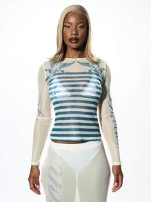 SUMWON WOMEN Áo thun lưới dài tay in họa tiết sọc thời trang dạo phố thường ngày - Màu be - Xem 5