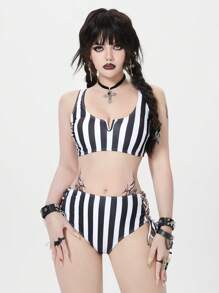 ROMWE Goth 女士条纹性感比基尼套装，万圣节 - 黑與白 - 查看 4