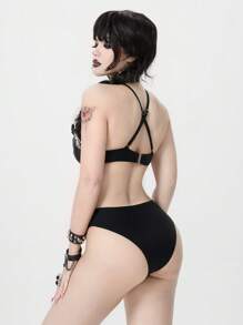 ROMWE Goth Five-Pointed Star Strappy Push-Up Padded Bikini Set, Halloween - Black - View 2