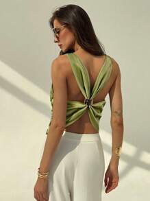 Aloruh Damen Ärmellose Bluse aus Satin mit rundem Ausschnitt und offenem Rücken, Einfarbig, elegant