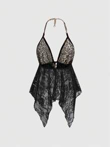 ROMWE J-Fashion 女式豹纹蕾丝拼接金属链露背挂脖上衣 - 棕色 - 查看 2